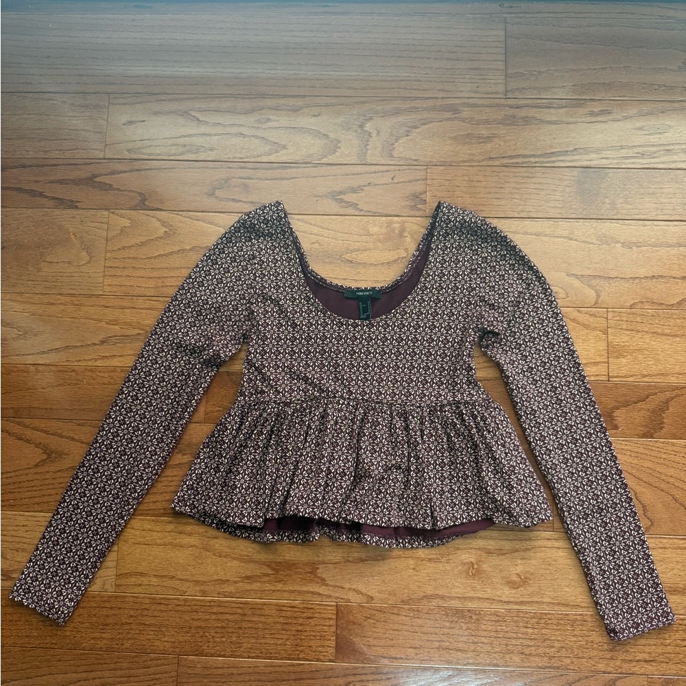 Forever 21 Maroon Long Sleeve Peplum Blouse